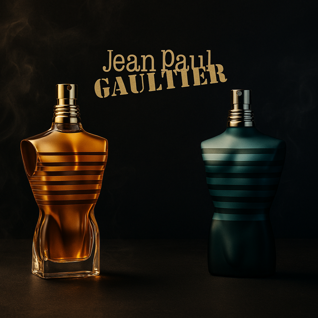 Imagen de promocion para los perfumes de jean paul gaulter atractivo convinsente y masculino, reflejando elegancia y ganas de comprar